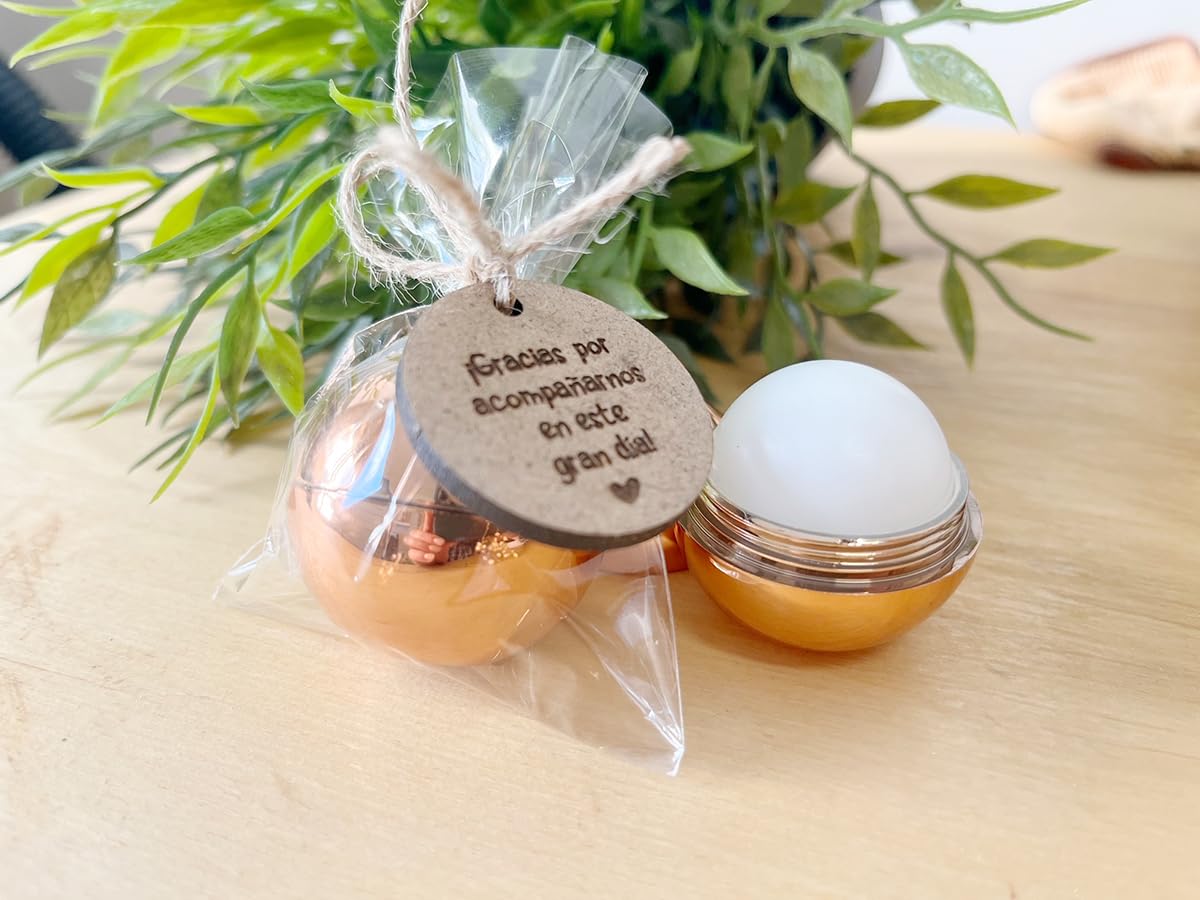 Lote 10 Bálsamos Labiales con Aroma a Vainilla con etiqueta y empaquetado. Factor de protección solar SPF15. Detalles Boda Invitadas. ENVÍO GRATIS.