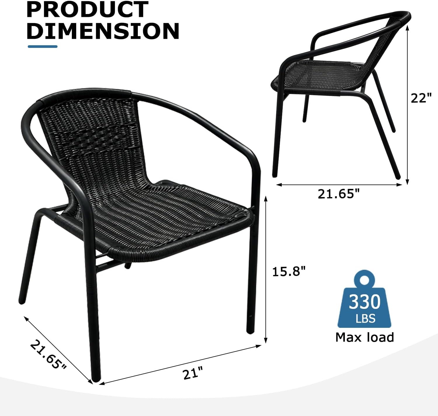 4 Piece Outdoor Patio Chairs, Hand-Woven PE Rattan Stackable Seating for 4, Sturdy Patio Furniture for Balcony Porch Lawn & Small Outdoor Spaces, Black