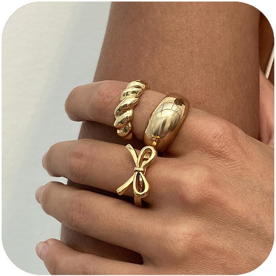 Gold Silver Chunky Rings for Women Bow Thread Rings Set Stackable Knuckle Open Ring Beach Holiday Jewelry