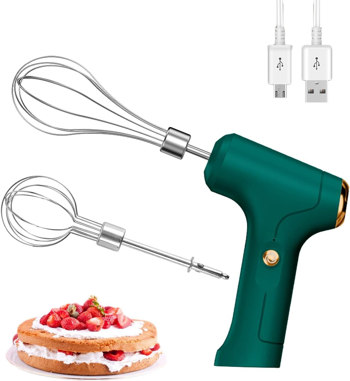 Electric Hand Whisk, USB Rechargeable, Wireless Portable Egg Beater with 2 Detachable Whisks with 3 Speed Modes for Eggs/Milkshake Cream/Butter/Baby Food, Fit for Kitchen/Camping/Gifts (Green)