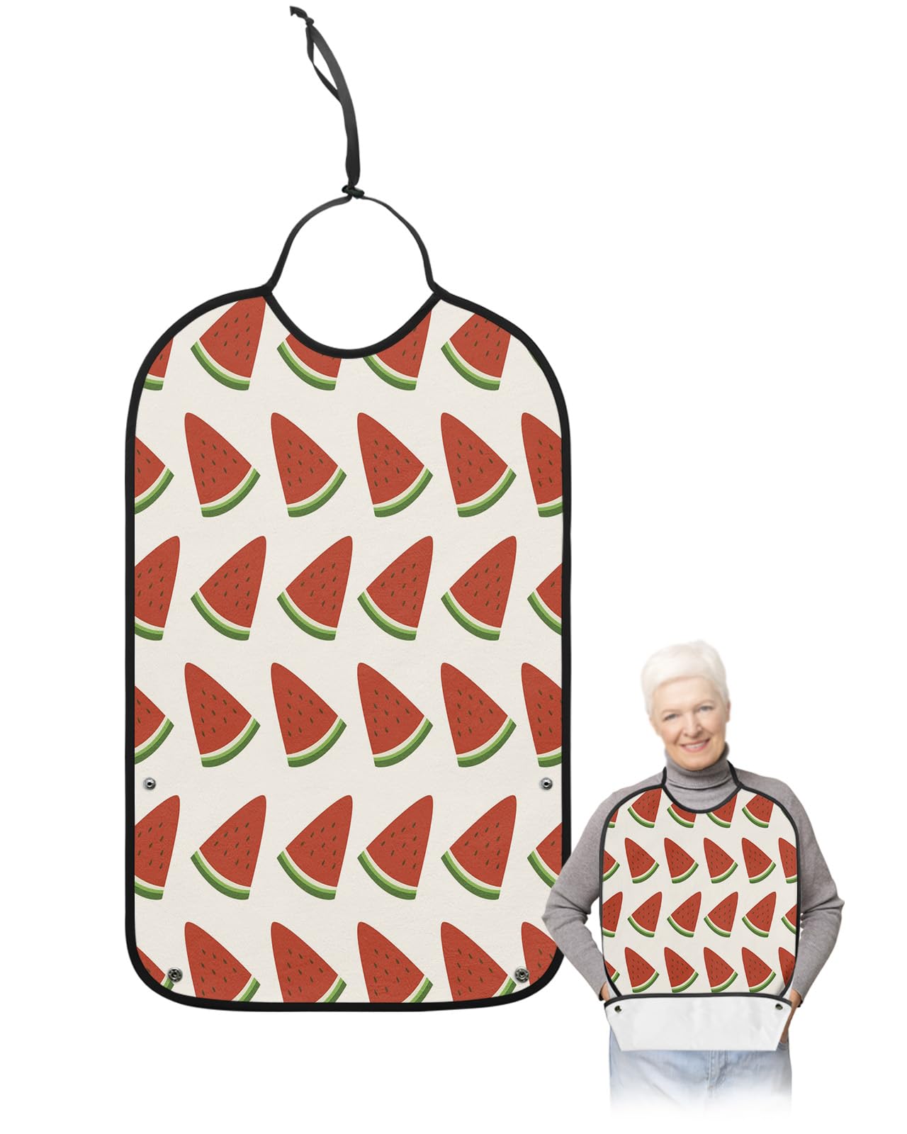 LEOKOTI Summer Watermelon Adult Bibs for Eating, Waterproof Bibs with Food Catcher & Adjustable Snap Closure, Tropical Red Fruit Filling Washable Clothing Protectors Adult Bibs for Elderly Women/Men