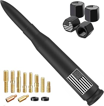 Car Truck Bullet Antenna with Valve Stem Caps-Universal Antenna Mast for GM Silverado 1500 2500 3500 Ford F150 F250 F350 Heavy Duty Pickup Truck AccessoriesMatte Black-America Flag Style