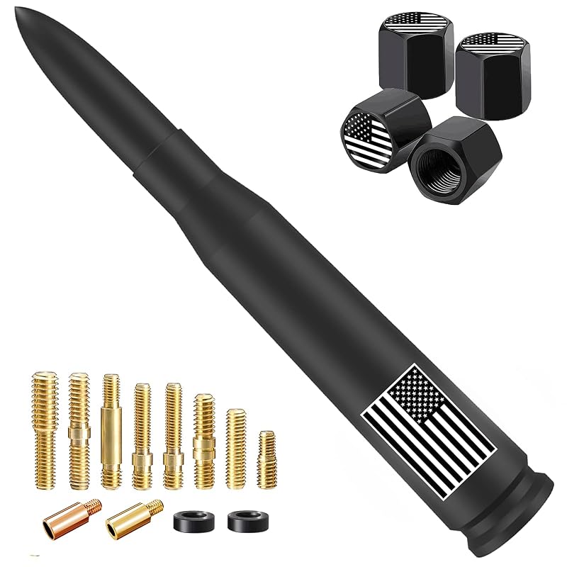 Antena automotiva curta estilo bala HVSTTPK preta fosca com tampas de válvula e 9 adaptadores, 14 cm, para Ford, Dodge, Toyota, Nissan, Chevrolet e GMC