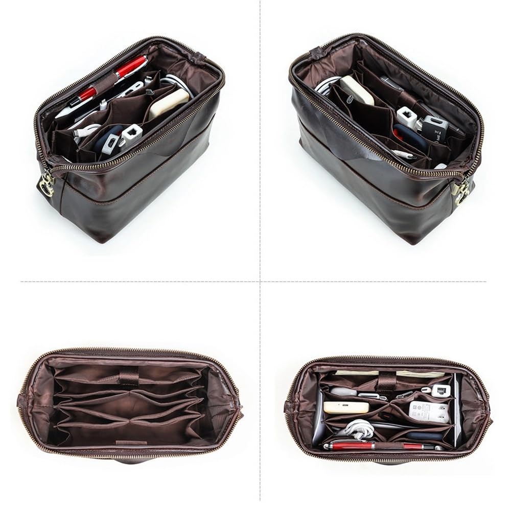 Estuche Organizador de Cuero for Dispositivos electrónicos de Viaje, Bolsa de Transporte for Almacenamiento de Cables con Cremalleras, Bolsa tecnológica(Brown)