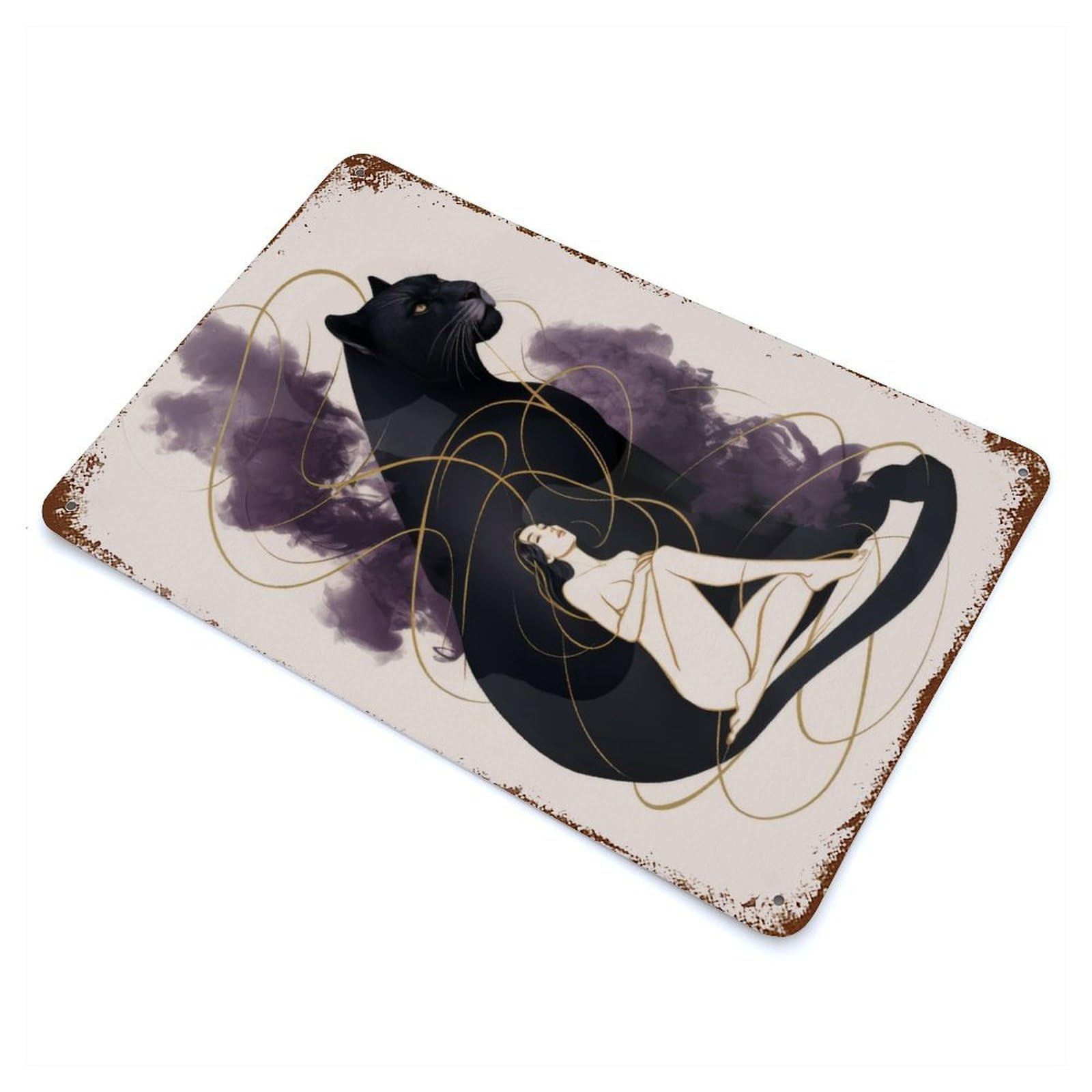 Woman And Panther Rust Effect Tin Sign 11.8"x7.9", Ideal for Farmhouse, Kitchen And Entryway Decor