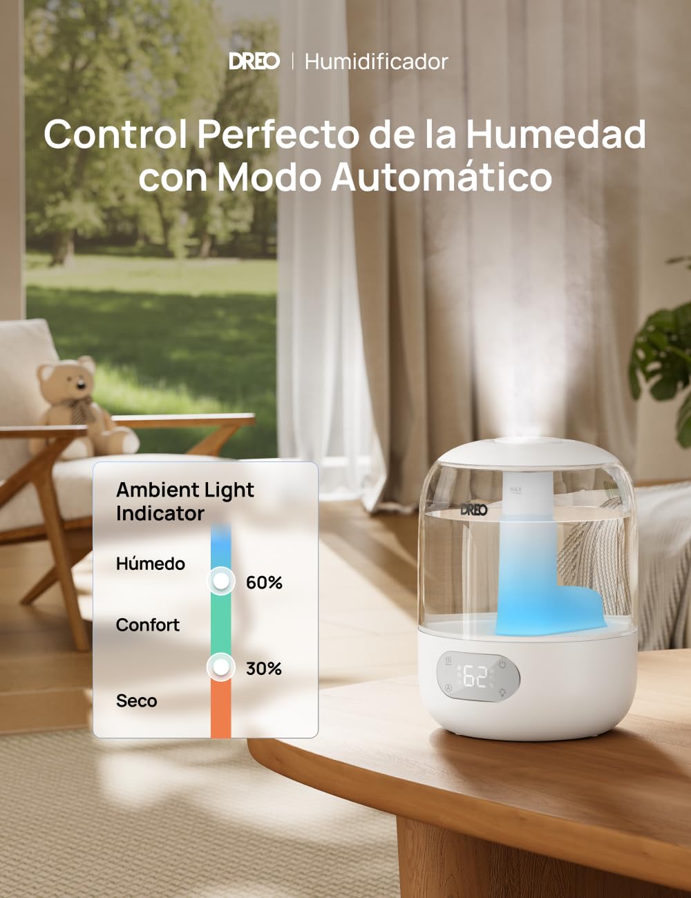 DREO 3L Humidificador Bebés Silencioso 26dB para Dormitorio, Niebla Fría Ultrasónica, Boquilla 360°, 30h Autonomía, Luz Ambiental, Difusor Aceites Esenciales, para Hogar, Blanco