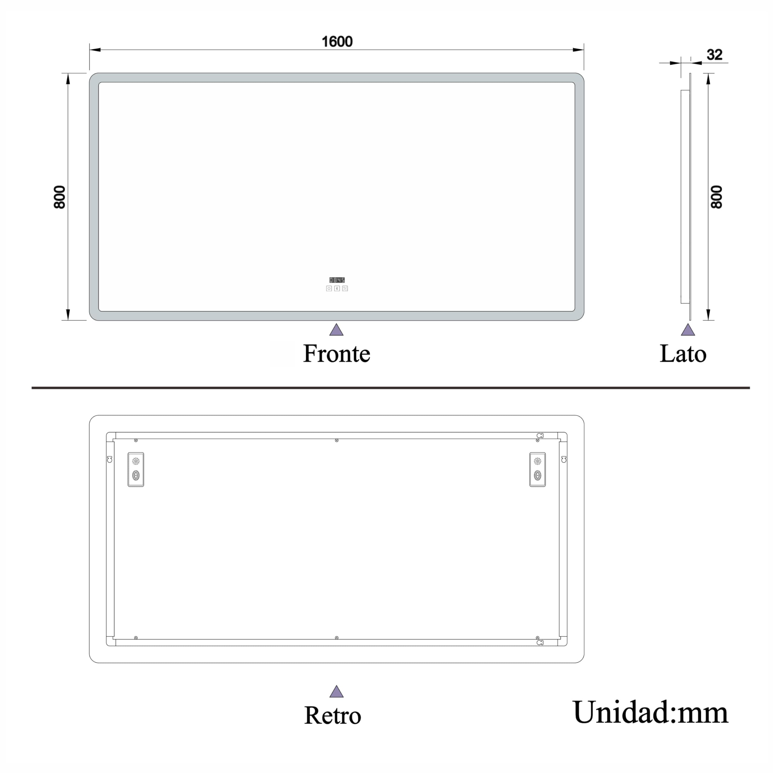 OCEAN ITALY Specchio Da Bagno LED Rettangolare 100×60cm,Controllo Touch/Parete,Luce Esterna 3 Temperature Colore, Dimmerabile e Antiappannamento,Orologio Digitale,Lente D'ingrandimento