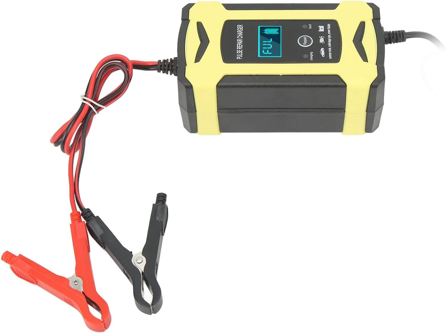 SASKATE Smart Pulse Battery Charger display showing 'FUL' and battery icon