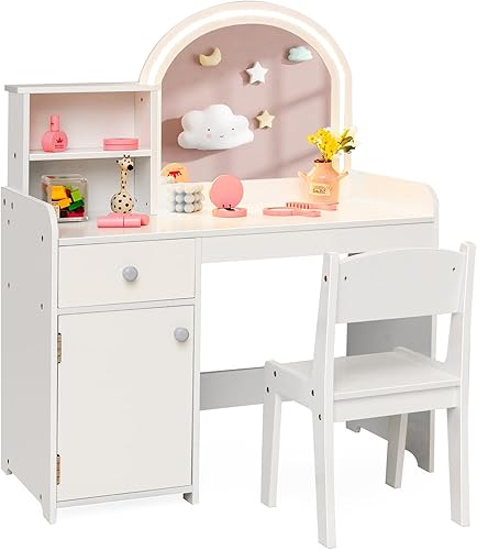 Miniatura 9 de Costzon Vanity - Juego de escritorio y silla de maquillaje de princesa 2 en 1 con espejo desmontable de tres pliegues, estantes de almacenamiento,