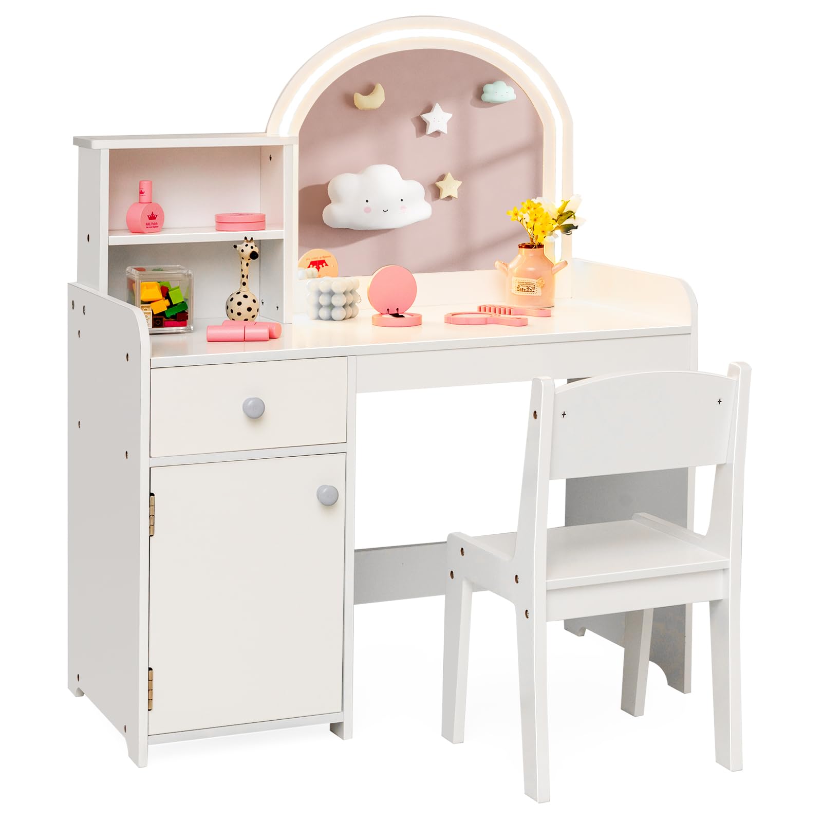 COSTWAY Kids Vanity Table and Stool Set, Children Study Desk with 2-Color LED Lights Mirror, Shelves, Drawer & Cabinet, Wooden Makeup Dressing Tables for Playroom Bedroom (White)