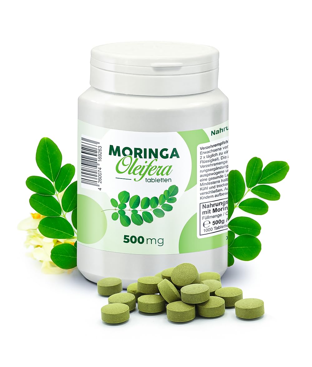 Moringa Oleifera 1000 x 500mg Tabletten - 500 g Moringa Blattpulver als kleine Moringa Presslinge - leicht schluckbar, schonend verarbeitet & tablettiert - vegan, laborgeprüft, hochdosiert