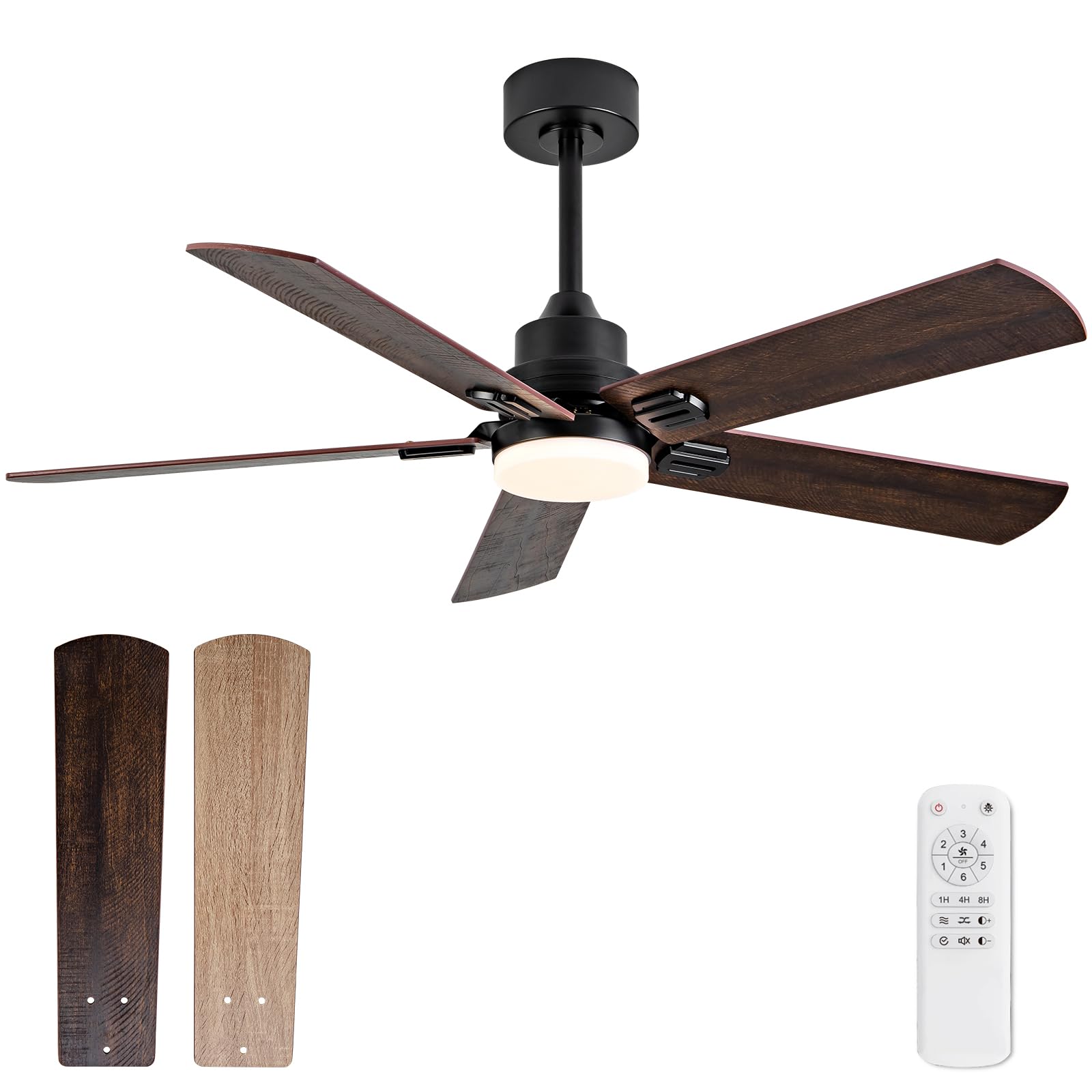 52 Inch Black Outdoor Ceiling Fans with Lights and Remote, Dimmable 5 Blade Outdoor Ceiling Fans for Patios, Black Ceiling Fan with Light for Bedroom