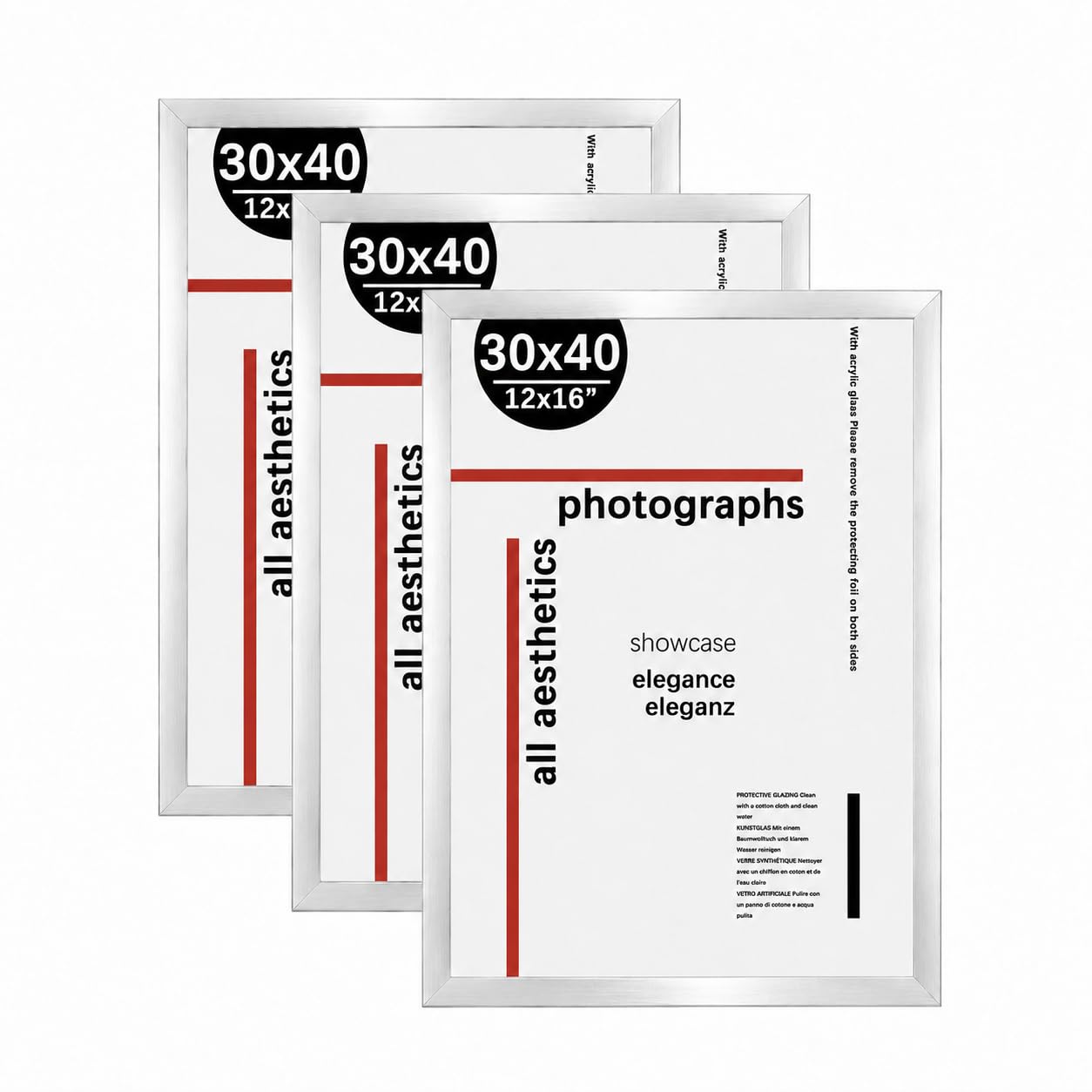 KAIWIN Picture Frame 30x40 Set of 3, 30 x 40 cm Silver Picture Frames, Photo Frame with Acrylic Glass for Stand Tabletop or Wall Hanging, Poster Frame