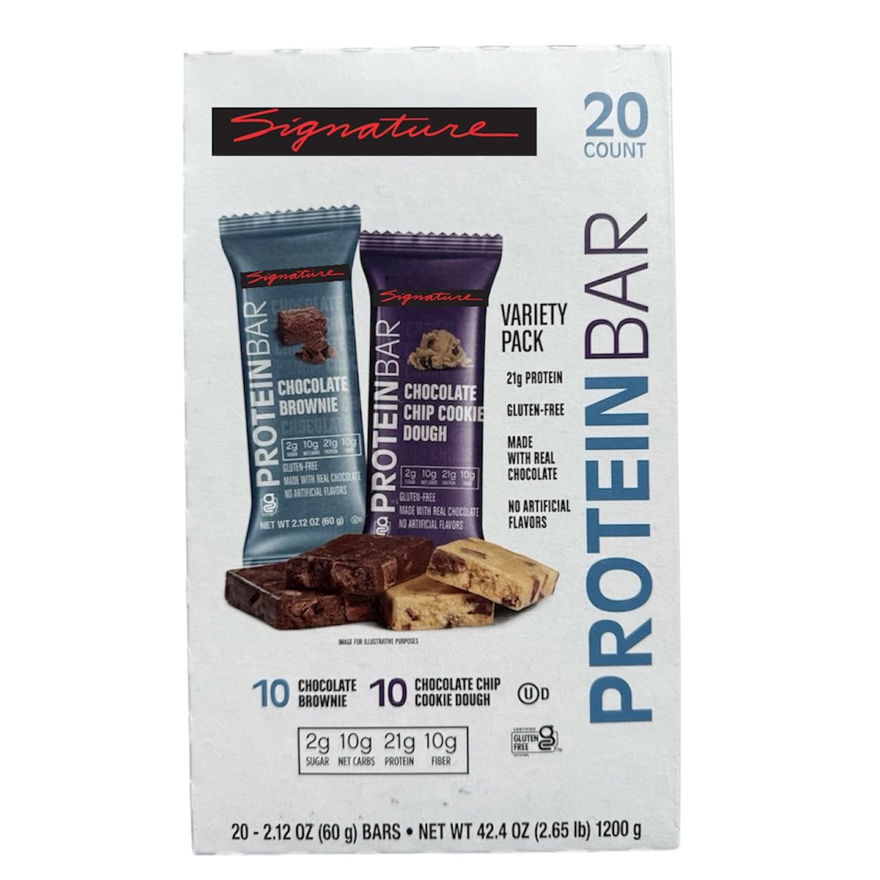 Kirk Land's Signature Protein Bar;10-Chocolate Brownie and 10-Chocolate Chip Cookie Dough, 20 Count, Gluten-Free, 21g Protein, 10g Fiber;Updated packaging and Ingredients; 1 pack