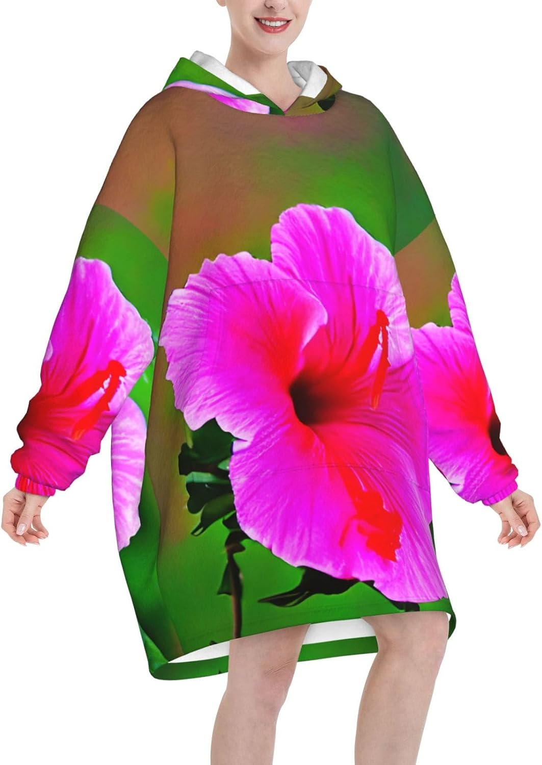Hibiscus Flowers Patternprint Oversized Hoodie Blanket, Super Soft Warm Comfortable Hoodie, Wearable Blanket Adult