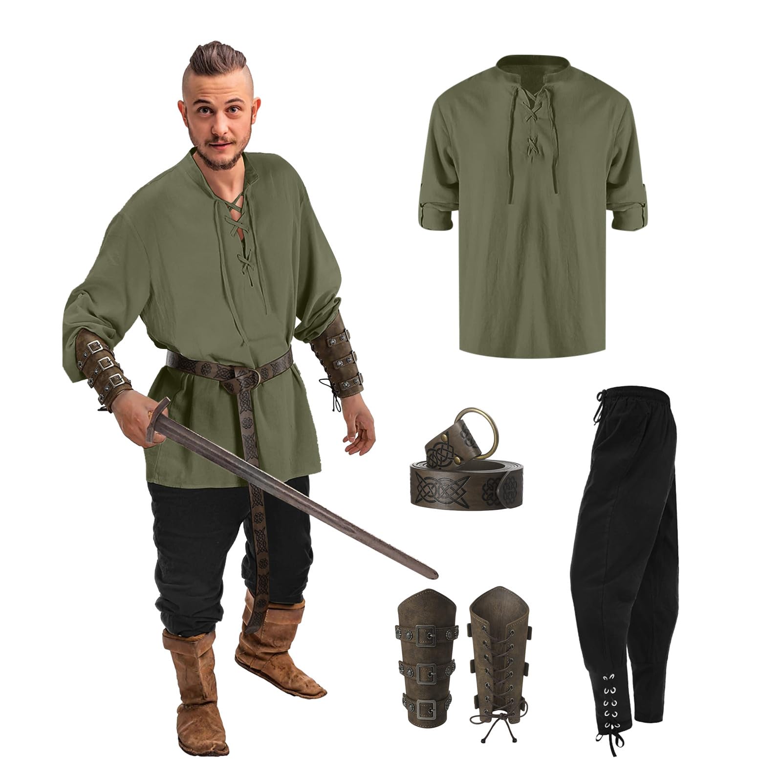 Costume Medieval Homme Costume Viking pour Homme - Ensemble de 4 Pièces avec Chemise en Lin, Pantalon et Accessoires - Vêtements Médiévaux Pirate