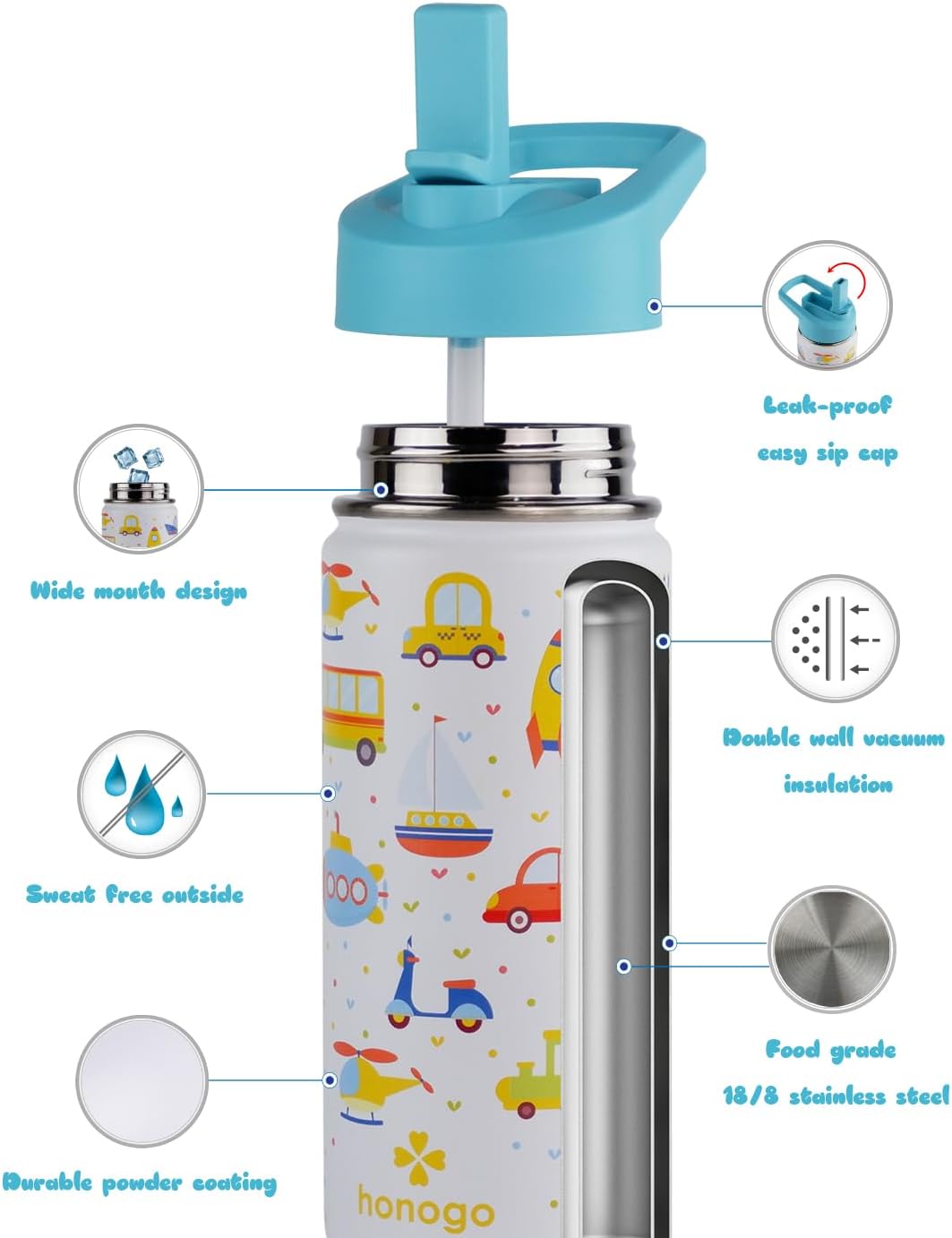 16 oz Stainless Steel Insulated Kids Water Bottle, Leak Proof Metal Thermal Flask with Straw lid, Cute Toddler Tumbler Cup for School Girls & Boys (White, Vehicle) - Image 3