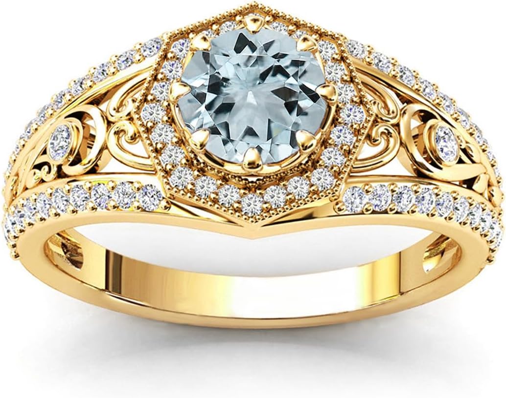 10K 14K 18K Gold Round Cut Gemstone Vintage Rings for Women 7MM(1.3CT) Gemstone and Moissanite Promise Statement Anniversary Ring for Her Size 4-15