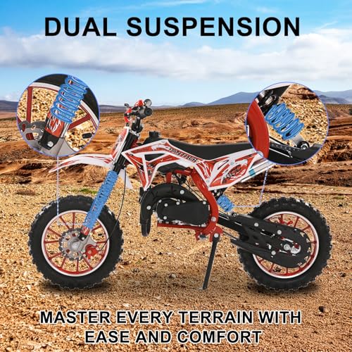 feneihe 50cc Kids Dirt Bike, 2-Stroke Gas Dirt Bike, Gas Bike for Kids 8-14, Gas Power Pocket Rocket Bike,Gas Motorcycle with Front Rear Disc Brakes, Off Road Motorcycle Max Load 330Lbs Red - Thumbnail 4