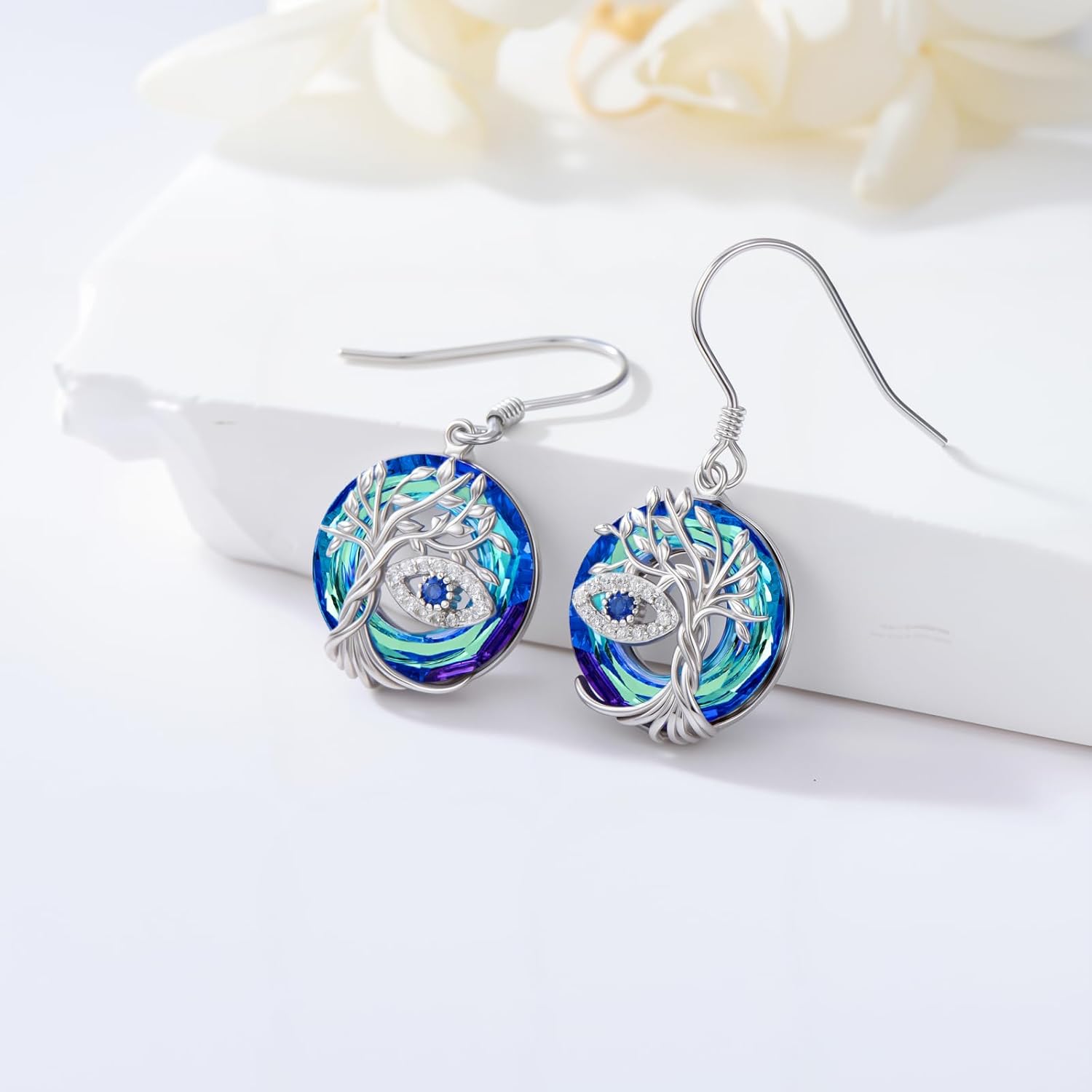 TOUPOP Evil Eye/Hamsa Hand Earrings 925 Sterling Silver Tree of Life Blue Crystal Dangle Earrings Protection Jewelry Amulet Christmas Gifts for Women Her - Image 5