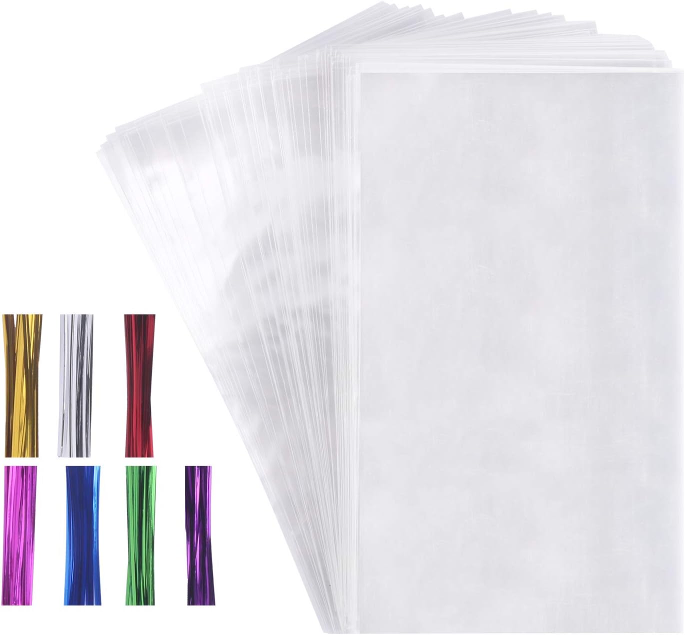 Sekmet 100 Cello Cellophane Treat Bags(1.8mil.),7X12in Big OPP Clear Plastic Bags For Bakery,Popcorn,Cookies, Candies,Dessert with 7 Colors Twist Ties!