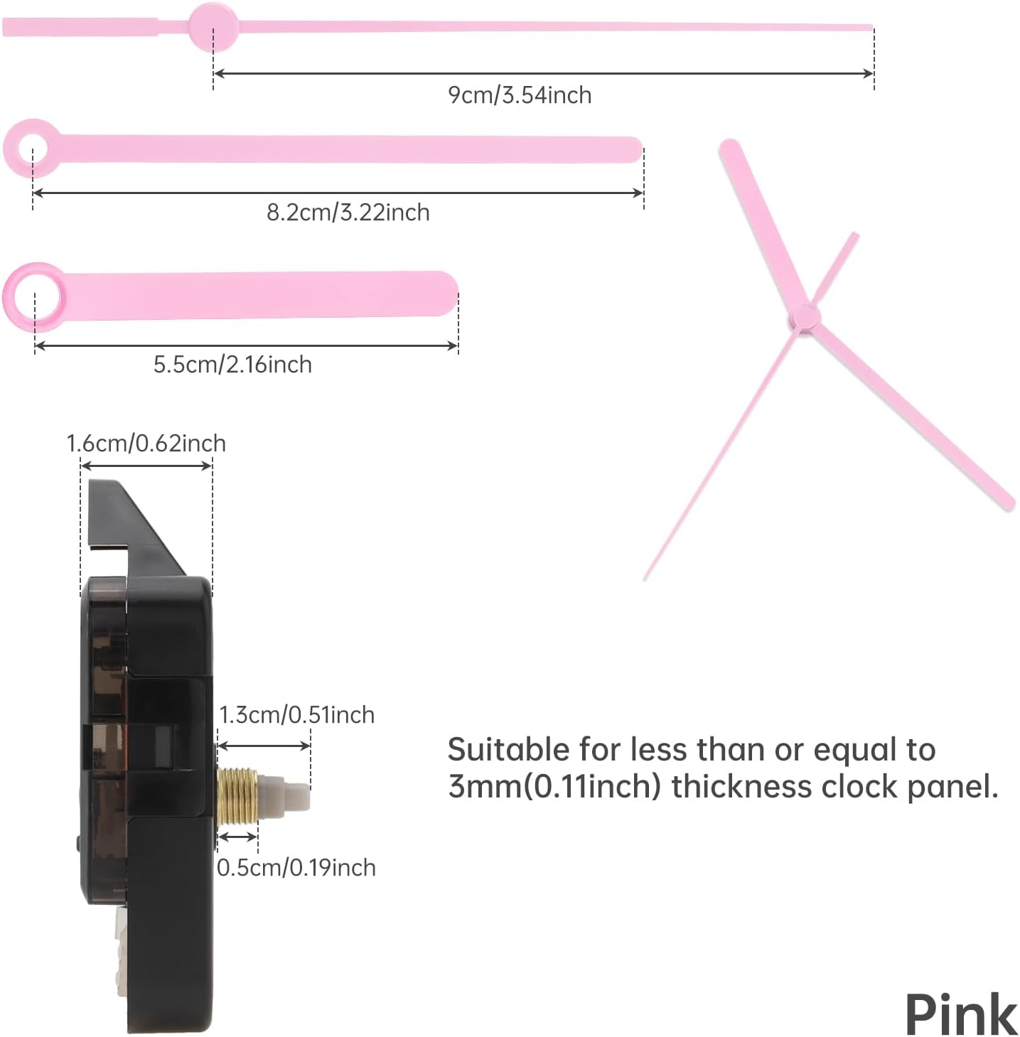Quartz Clock Movement Mechanism with 90mm/3.54 Inch Hands,5mm (3/16 Inch) Thread Length 13mm(1/2") Shaft Length Applicable Panel Thickness 1-3mm for Clock Repair/DIY (Pink Hands)