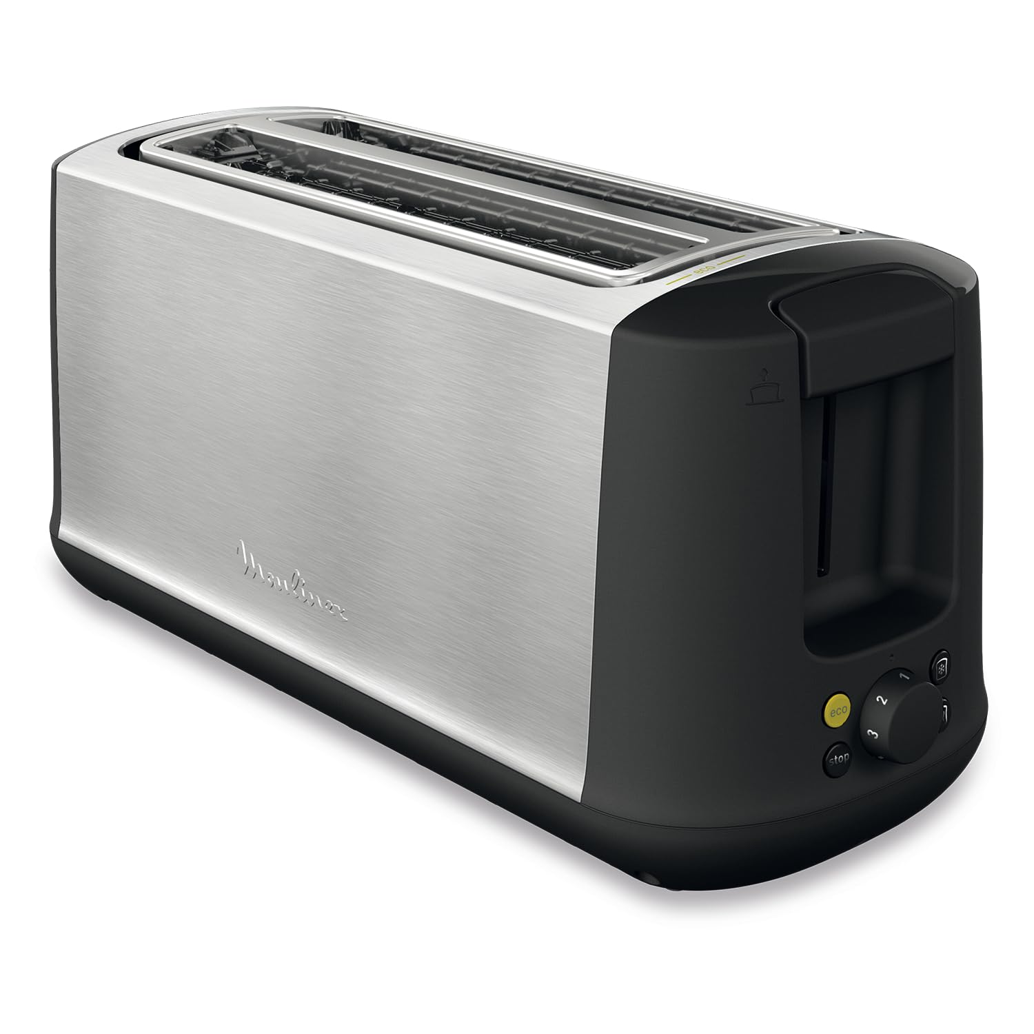 Moulinex Grille-pain 2 fentes longues, Largeur variable, 7 niveaux de dorage, Fonction Arrêt, Mode éco, Décongélation, Réchauffage, Tiroir ramasse-miettes, Subito Select Inox, LS342D10