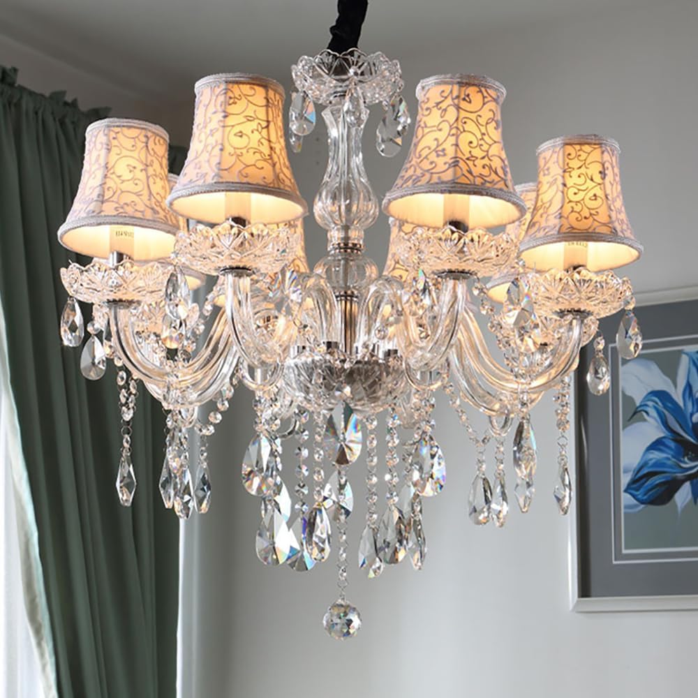 PCXEHUYP European Candle Crystal Pendent Lamp Luxury Living Room Restaurant Villa Hotel Staircase Duplex Building Chandelier (H 8 Lights+lampshades)