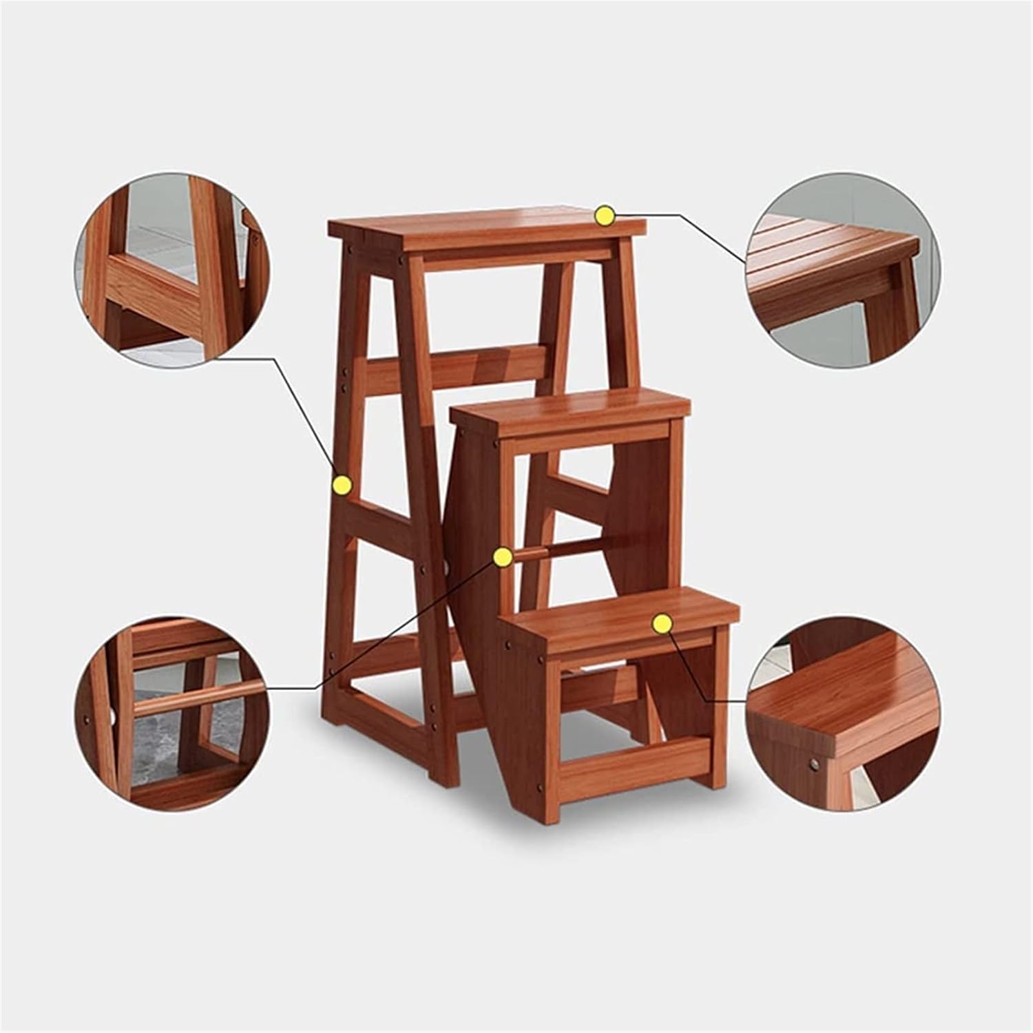 Modern Multi-Functional Step Stool Library Ladder Chair Library Furniture Folding Wooden Stool Chair Step Ladder for Home Maximum Load 150kg (Wood Color)