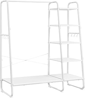 VASAGLE Stand Appendiabiti, Appendiabiti da Terra con Scarpiera, 5 Ripiani Portaoggetti, 6 Ganci Laterali, Camera da Letto, Soggiorno, Corridoio, Industriale, Bianco Nuvola e Bianco Opaco RGR116W02