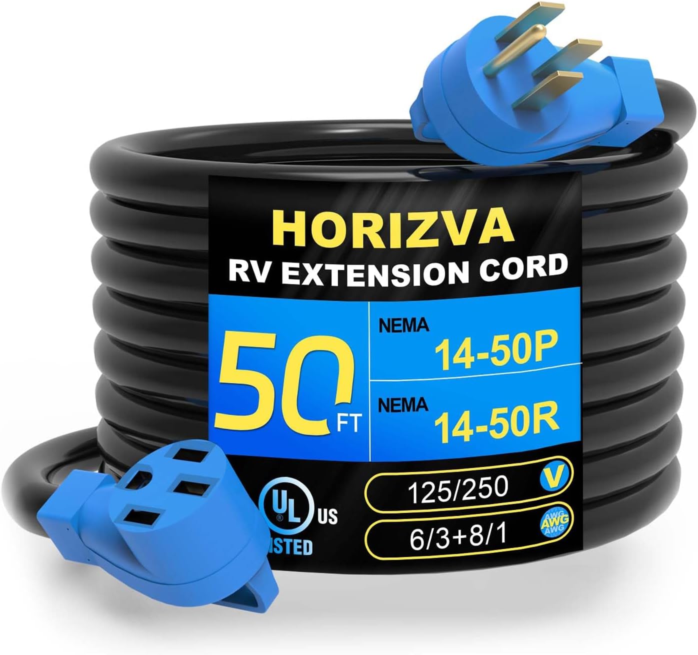 50 Amp RV/EV Extension Cord, 50FT NEMA 14-50P/14-50R 50 Amp RV Cord, Heavy Duty 6/3+8/1 AWG STW RV Power Cord for RV Camper and Generator to House (50FT)