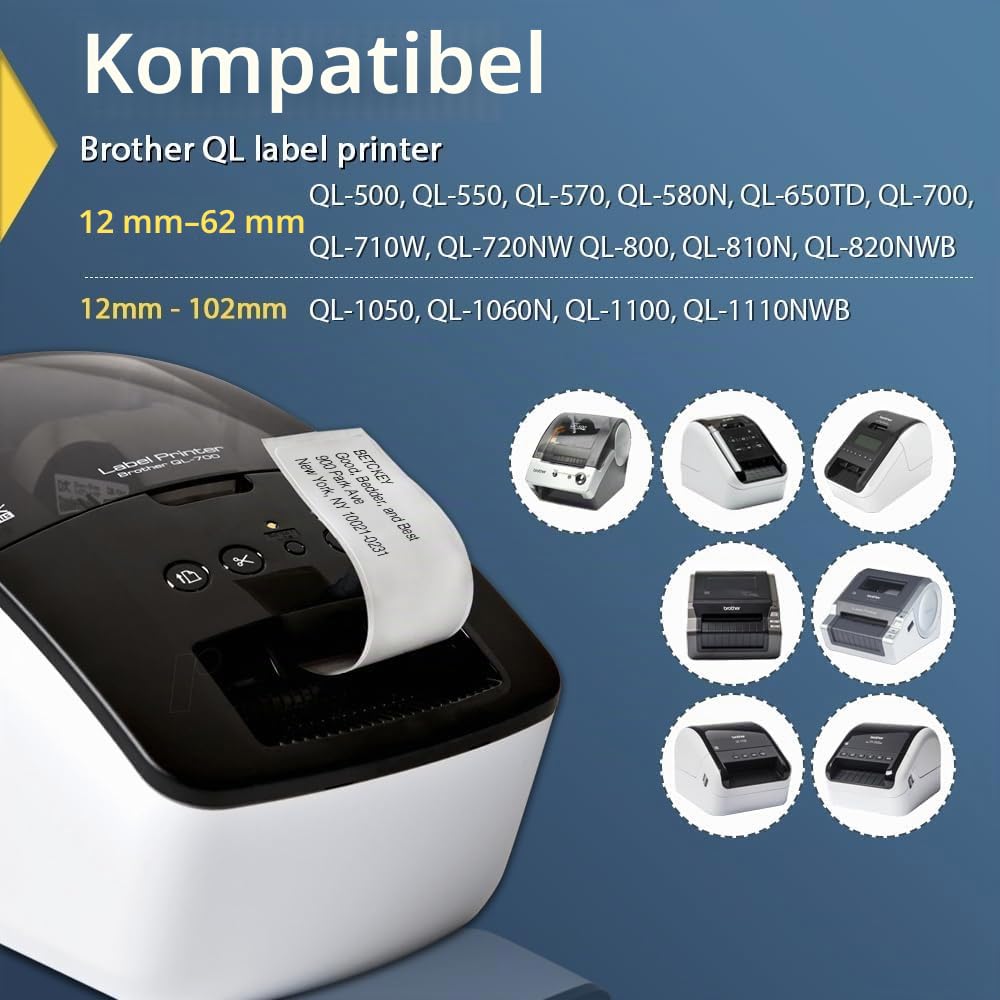 BETCKEY - 10 Rollen DK-11202 Versandetiketten Kompatibel mit Brother, 62mm x 100mm, 3000 Etiketten für Brother QL Etikettendrucker (2 Wiederverwendbare Etikettenhalter)