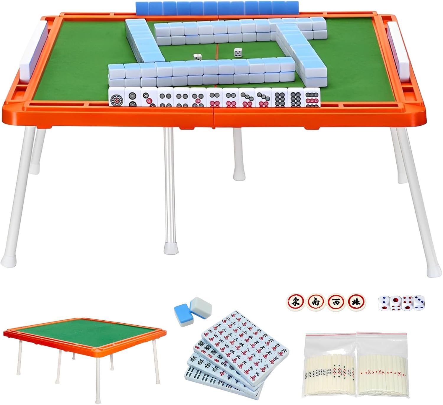 heizi 麻雀セット 麻雀卓 折りたたみ コンパクト 持ち運び 脚付き サイコロ 点棒 付き 雀卓 フルセット (麻雀牌 ブルー)