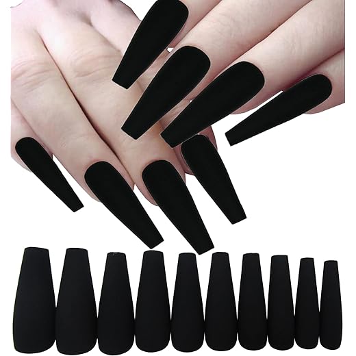 LoveOurHome 100pc Matte Coffin Press on Nails Long Fake Nails Black False Nails Medium Ballerina Acrylic Nails Press ons Nail Coffin Artificial Nails Women Girls Black Fake Fingernails 10 Sizes