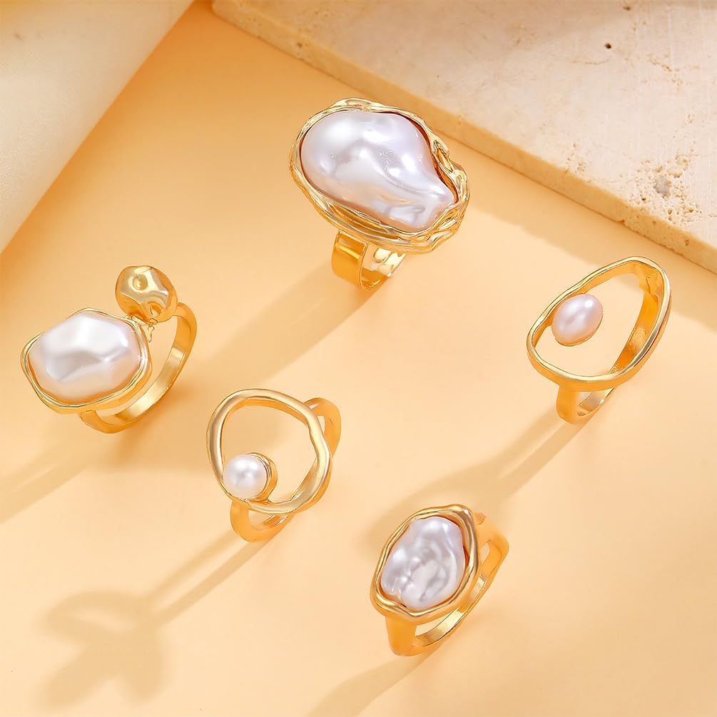 Stackable Chunky Gold Baroque Pearl Open Ring, Trendy Punk Irregular Silver Pearls Knuckle Rings for Women Stacking Dainty Party Finger Jewelry Gift Set - Image 4