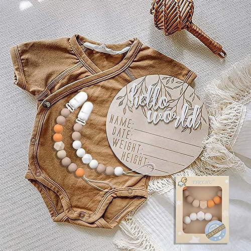Pacifier Clip Baby Boys Girls Silicone Paci Clip Teething Relief Teether Toy Soothie Binky Holder Birthday Christmas Set of 2 (Orange, Beige)