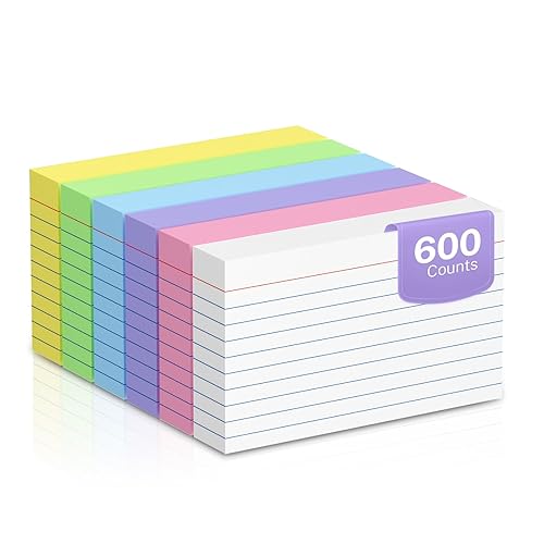 600 Count Colored Index Cards 3 x 5 Inch Ruled Index Cards, Flash Cards College Ruled for School, College, Office and Home Organization, Durable Study To Do List Note Cards with Ruled Lines - Multi-Color - 600 Counts