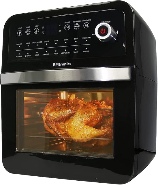 EMtronics Air Fryer Oven Combi, Rotisserie and Grill, Large Family Size 12L with 16 Pre-Set Menus for Oil Free Cooking  Black