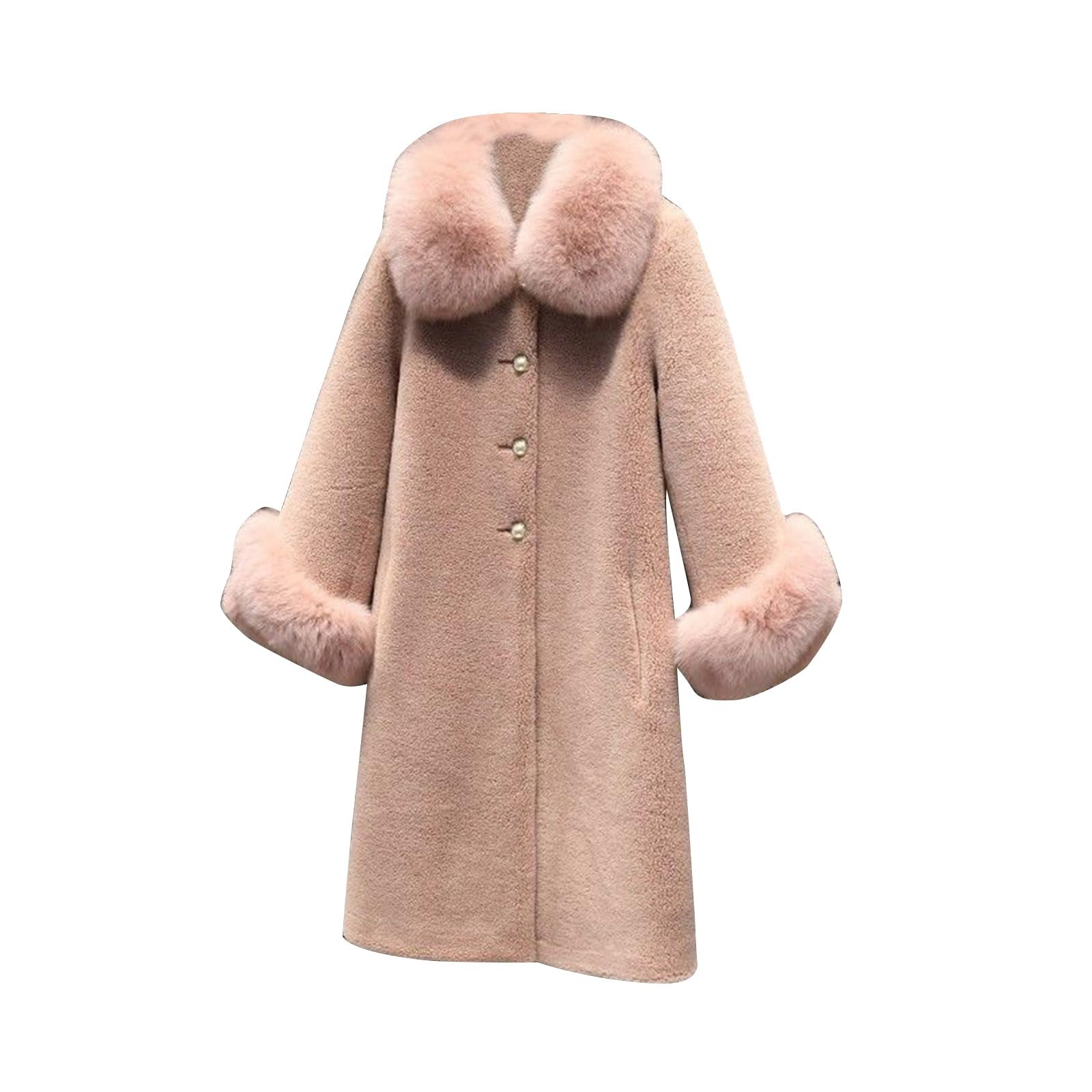 Dyhxuan Women's Pink Winter Jacket Winter Warm Faux Fur Coat Fashionable Plain Winter Coat Long Sleeve Turn-Down Collar Transition Jacket Faux Fur Coat With Buttons Large Sizes Fur Coat Fur Jacket Faux Fur Coat,