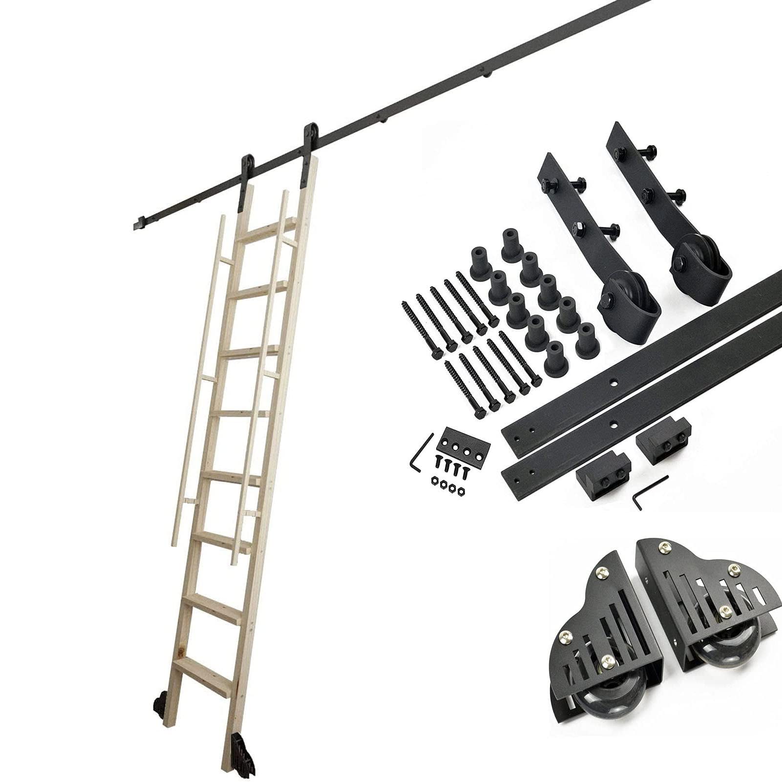Sliding Ladder Hardware Full Set - Librarys Rolling Ladder Track Kit, Library Ladder Rails, Rolling Ladder Hardware Kit, Bookcase Sliding Ladders Rail(200cm(6.6 ft) Track kit)
