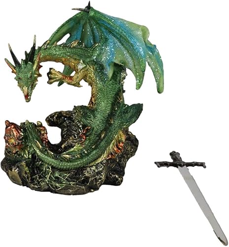Miniatura 6 de Ebros Gift Legendario brillante verde metálico blindado centinela caballero dragón sosteniendo Tiki Murciélago espada abrecartas figura figura