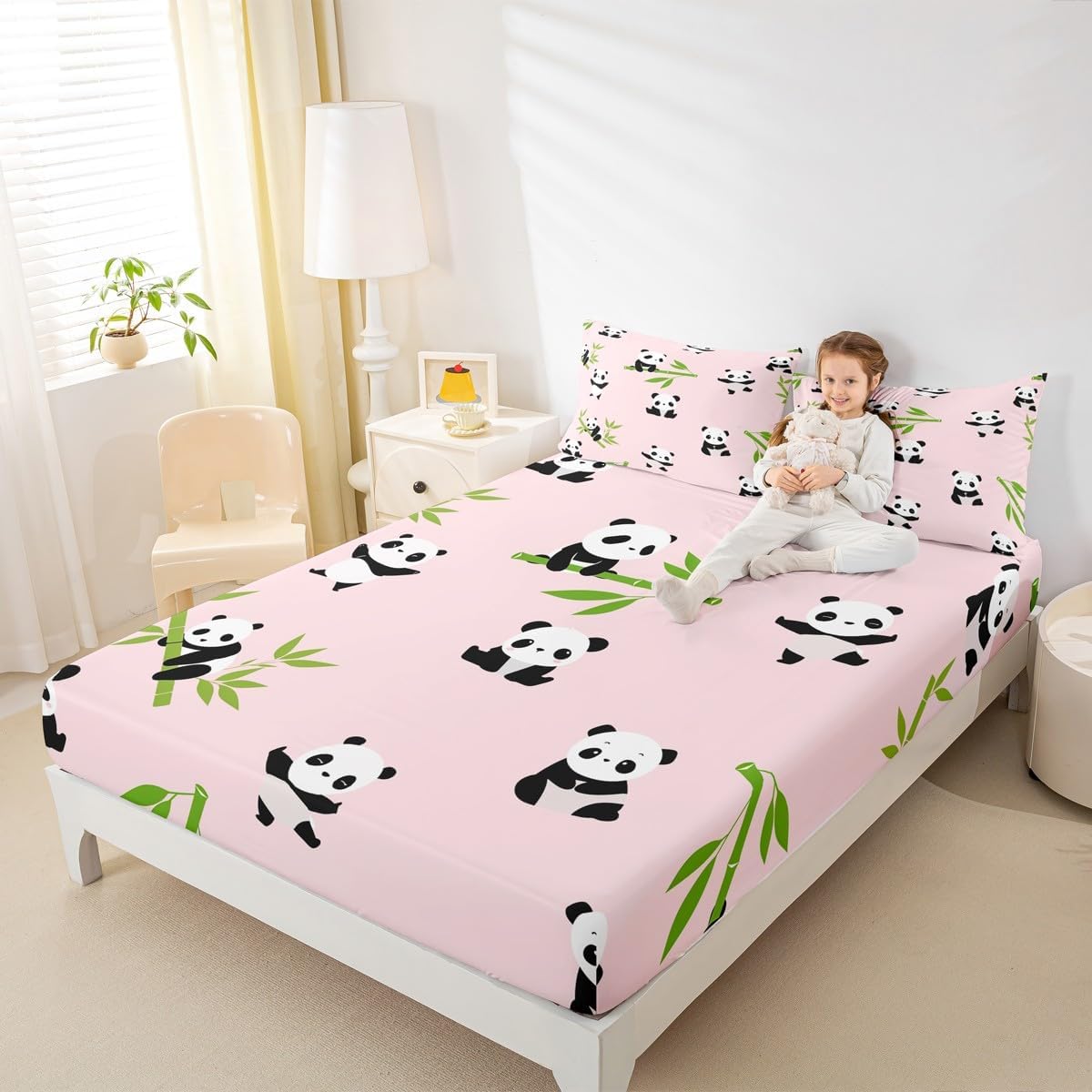 Panda Fitted Sheet Kids Cute Animal Bedding Set for Boys Girls Cute Cartoon Panda Bed Sheet Set Breathable Panda Bear Printed Pink Bed Cover Room Decor Quilt Cover Twin Size
