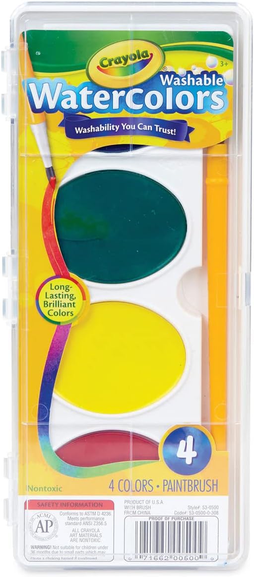 Crayola Jumbo Washable Watercolor Set, 4 Assorted Colors, Palette Tray
