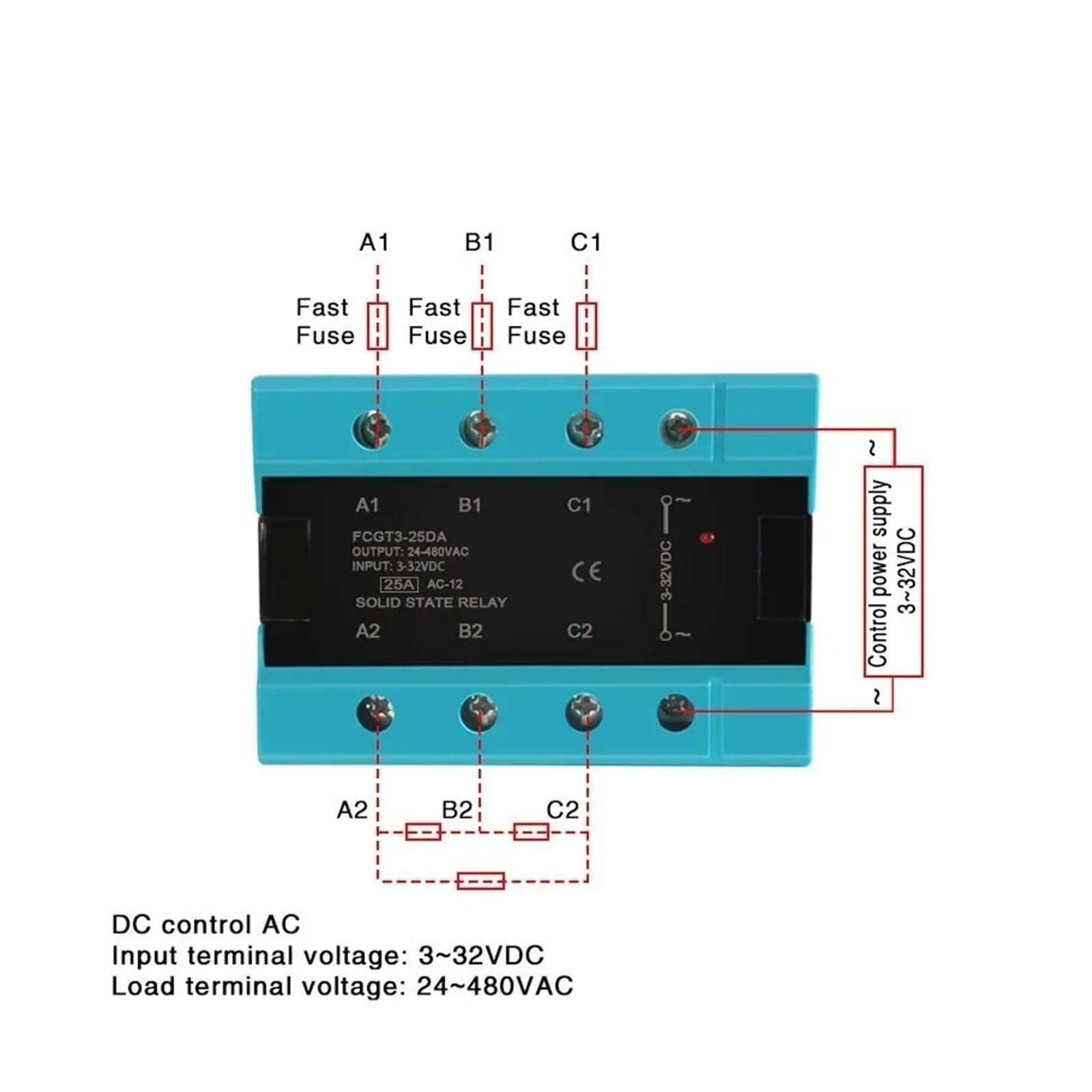 Relé De Estado Sólido Trifásico DA 25A 40A 100A CC A CA Trifásico SSR 3-32V CC Control 24-480V(DC Control AC,100A)