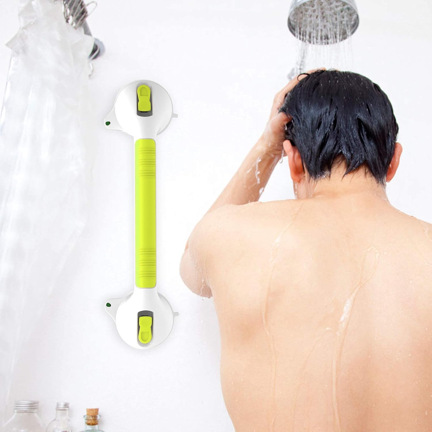 One-Day Sale: Up to 70% Off AmeriLuck 16.5in Suction Bath Grab Bar with Indicators, Balance Assist Bathroom Shower Handle (White/Yellow, Pack of 2)