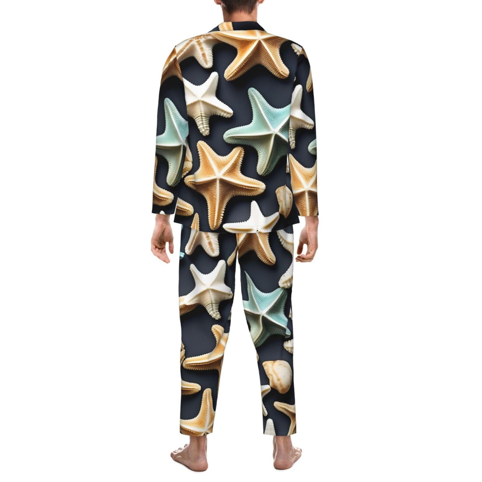 Herren-Pyjama-Set, langärmelig, Seesternmuster, zweiteilig, bequem, Nachtwäsche