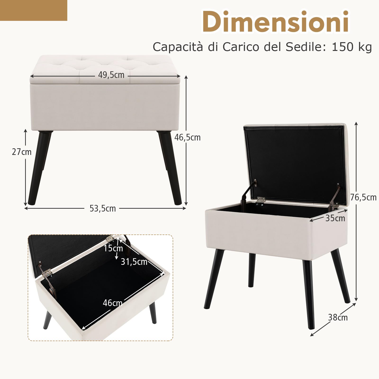 COSTWAY Sgabello Contenitore, Pouf Sgabello Ottoman, Poggiapiedi Moderno da Trucco, con Gambe in Legno Massello & Seduta Imbottita, Portata 150 kg, 49,5 x 35 x 46,5 cm (Beige)