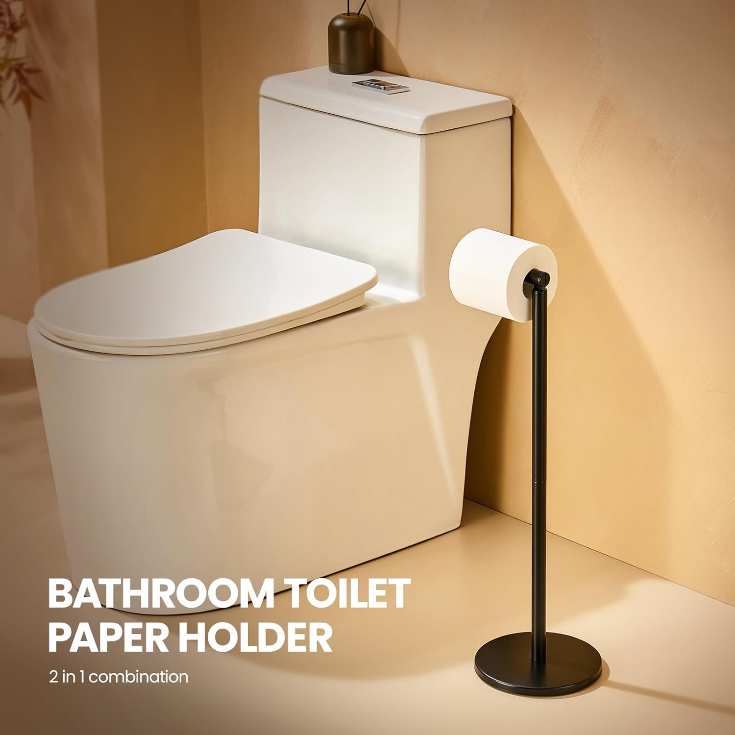 Freestanding Toilet Paper Holder Stand, Matte Black Stainless Steel Bathroom Toilet Paper Storage with Heavy Weighted Base, Non-Slip