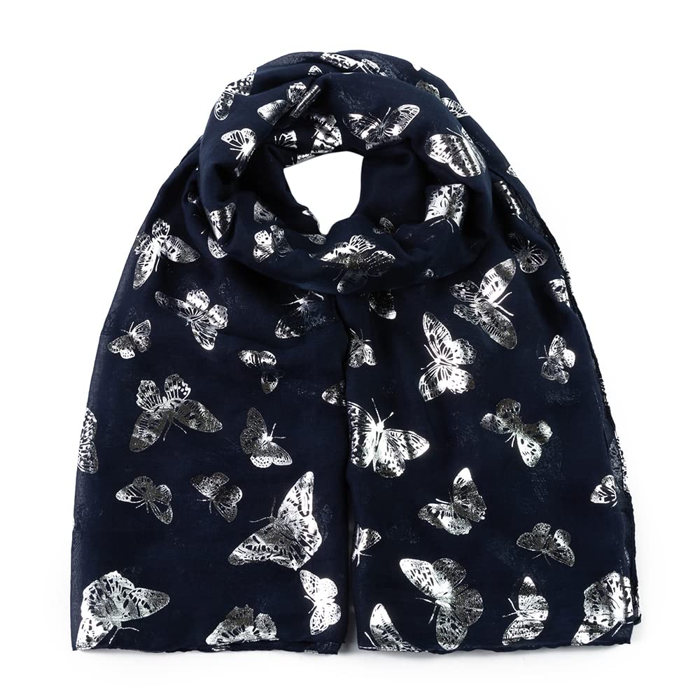 London Scarfs New Ladies Women's Glitter Foiled Flamingo,Swallow Birds & Butterfly Print Scarfs (New Glitter Butterfly Navy)