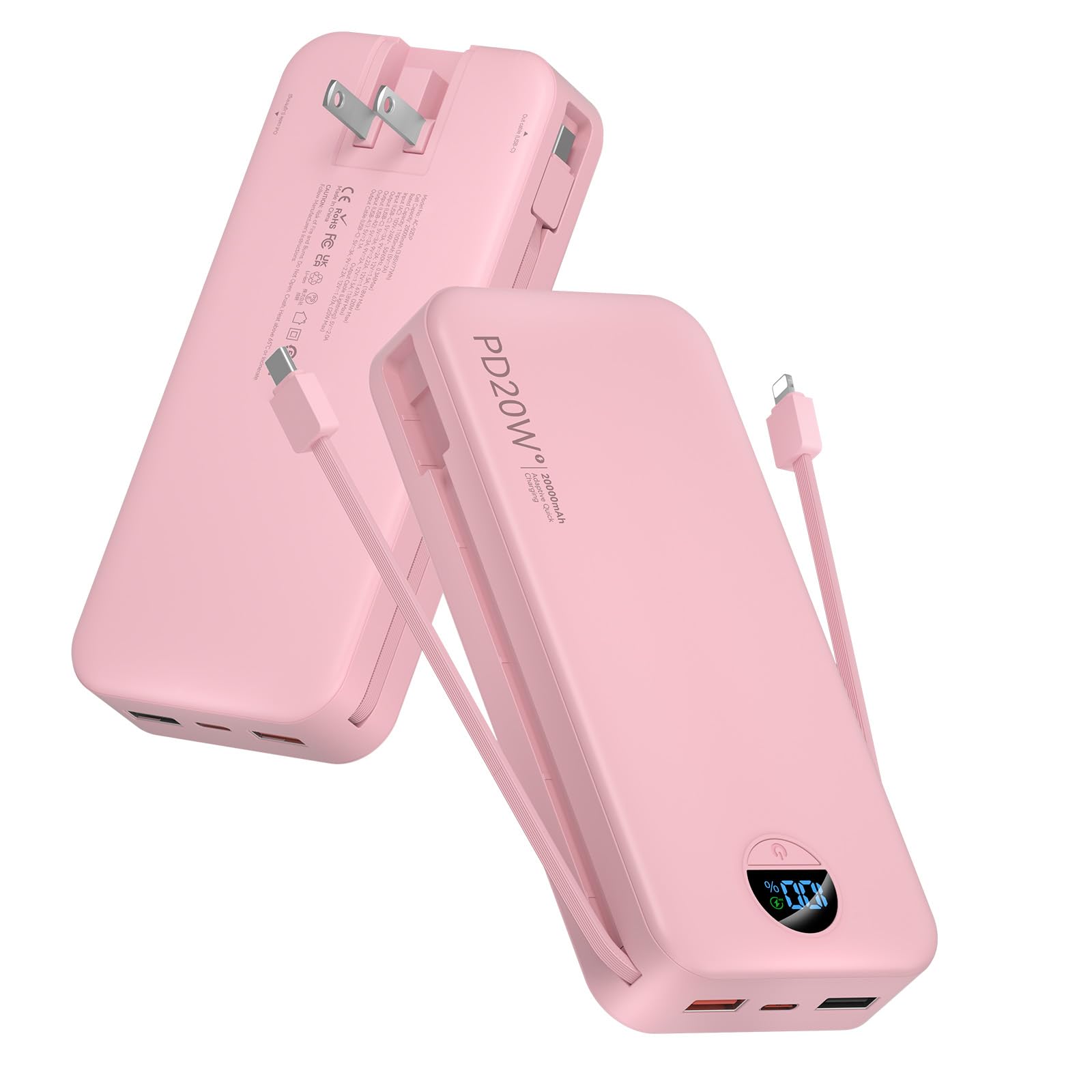 citicr Portable Charger 20000mAh PD20W w/Built-in Cables &amp; Wall Plug Pink